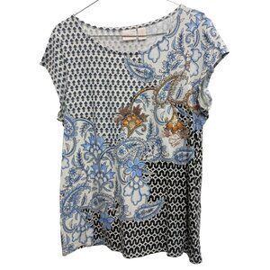Chicos‎ Womens Top Medium Blue Embellished Paisley Short Sleeve BOHO Tee